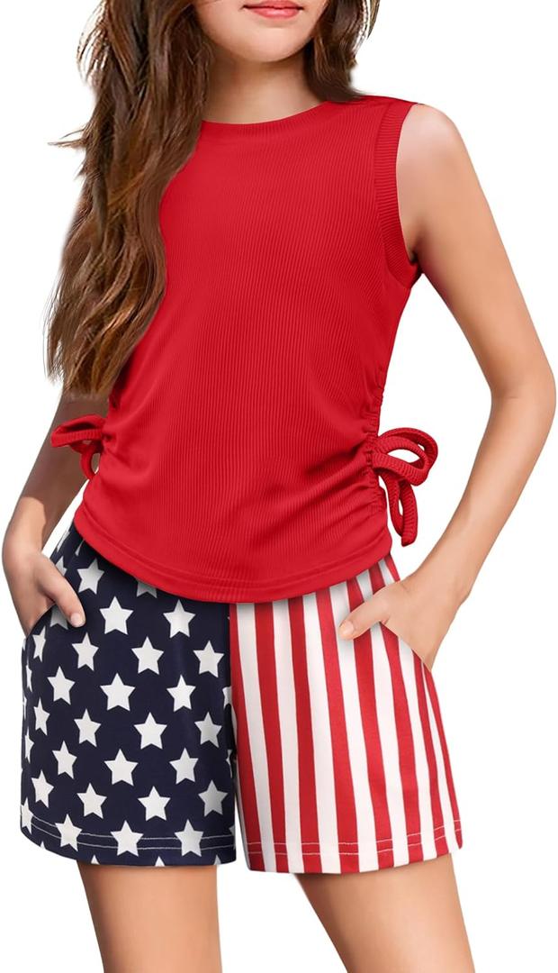 Arshiner Girls Summer Clothing Sets 2 Piece Outfits Knit Ruched Knot Side Tank Top and High Waist Shorts with Pockets (11-12 Years, Red 4th of July)