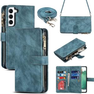 iCoverCase for Samsung Galaxy S22 Plus Wallet Case with Card Holder, Kickstand Feature PU Leather Case with Adjustable Crossbody Lanyard Magnetic Clasp Zipper Pocket Flip Cover (Blue)