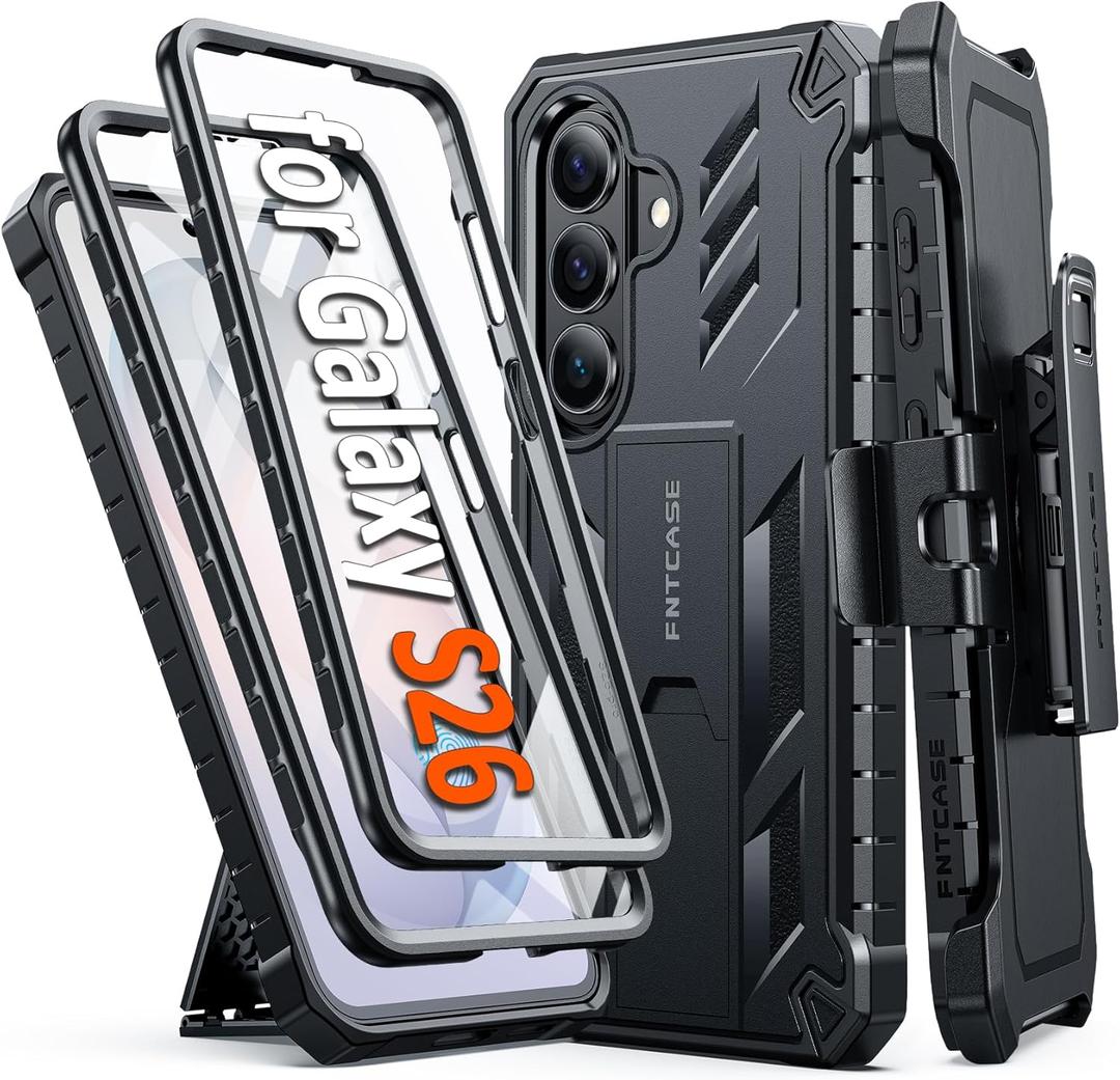 FNTCASE for Samsung Galaxy S26 Case: with [2 Front Frames & Built-in Screen Protector] [Belt Clip Holster & Kickstand] [Military-Grade Protection] Heavy Duty Full Body Shockproof TPU Phone Cover Black