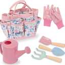 Floral Kids Gardening Set - Toddler Garden Tools, No-Leak Watering Can & Quality Tote Bag - Safe Metal Tools for Kids