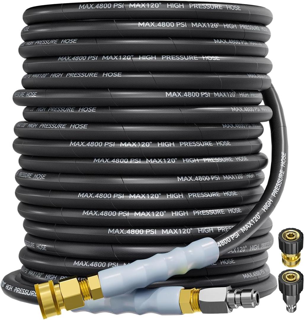 3/8" 4800PSI Pressure Washer Hose 75FT with Swivel Quick Connect for Cold/Hot Water Max 248F, Kink Resistant Steel Wire Braided, Wear Resistant Power Washer Hose with M22 14mm Adapter