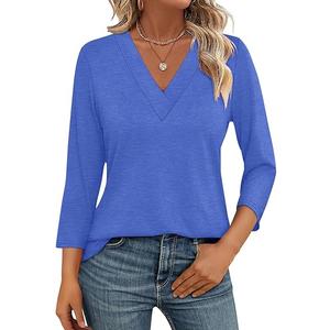 Women's 3/4 Sleeve Shirts V Neck Summer Tops Casual Tunics Tops Basic Tees Blouse Loose Fit (Blue)