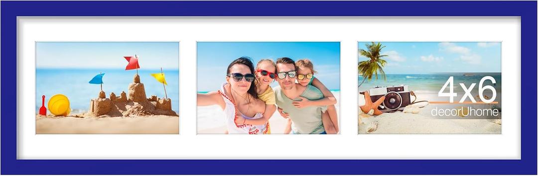 decorUhome 6x20 Picture Frames Collage Wall Decor, Display 3Pcs 4x6 Photos with Mat or 1Pcs 6x20 Unmatted, 3 4x6 Collage Picture Frames for Wall Mounting, Royal Blue