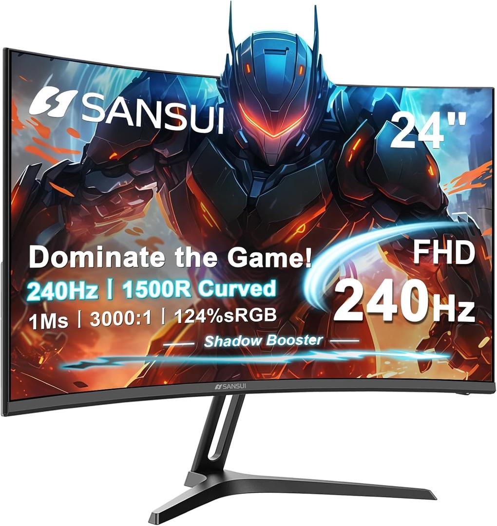 SANSUI 24 Inch Curved 240Hz Gaming Monitor FHD 1080P, 1500R Curve Computer Monitor, 124%sRGB, 3000:1 Contrast Ratio, HDR, FreeSync, MPRT 1Ms, Low Blue Light, HDMI DP ports.(ES-G24C1 PRO DP Cable Incl)
