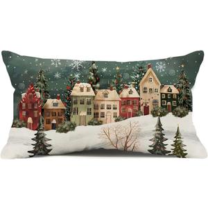 Winter Lumbar Decorative Rectangle Pillow Cover 12 x 20, Wonderland Forest House Snowflake Vintage Porch Outdoor Pillowcase, Christmas Holiday Seasonal Farmhouse Cushion Case Home Decor (Green)
