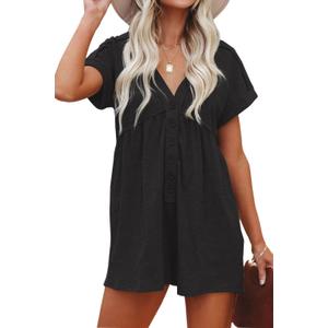 ReachMe Jumpsuits for Women Dressy Short Sleeve Rompers with Pockets Beach Jumpsuits Apparel Wide Leg Jumpers (X-Large, 01 Black)