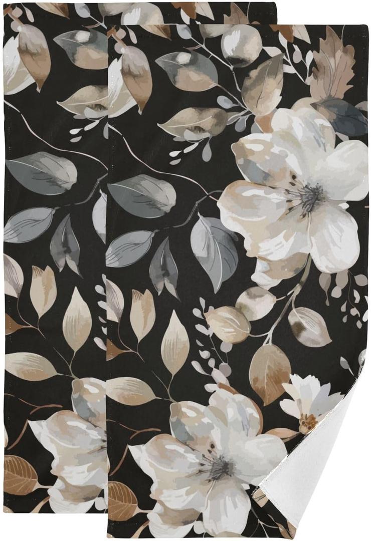 2 Pack Brown Beige Blooming Floral Hand Towels for Bathroom,Absorbent Fingertip Guest Black Flower Leaves Decorative Bath Towels,Soft Abstract Leaf Dish Towels for Kitchen Decor 14"x28"