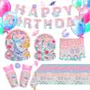 123Pcs Mermaid Birthday Party Decorations Set Mermaid Party Supplies Includes Plates, Napkin, Fork, Cup, Tablecloth, Banner for Baby Shower Ocean Birthday Party Decorations, Serves 24