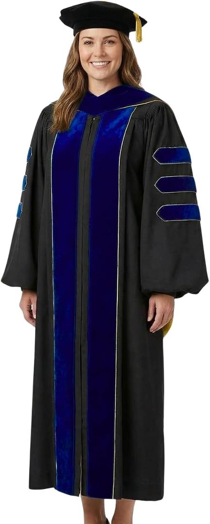 Doctoral Regalia Set with PhD Hood and 8-Side Tam Graduation Gown with Gold Piping and Velvet Trim Ceremony Attire (Blue) 48