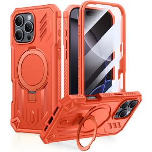 FNTCASE for iPhone 16 Pro-Max Case: Magnetic Ring Stand Holder Phone Cover | Compatible with Magsafe | Military Grade Shockproof Phone Shell with Kickstand | Heavy Duty Hard Cases Orange