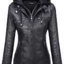 Faux Leather Jacket For Women Removable Hooded Moto Biker Outwear Coat, XXL