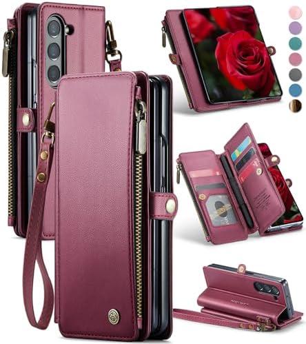 Defencase Wallet Case Compatible with Samsung Galaxy Z Fold 6 with RFID Blocking Card Holder & S Pen Holder Slot PU Leather Magnetic Snap Flip Zipper Strap Phone Case Fit for Galaxy Z Fold 6, Wine Red