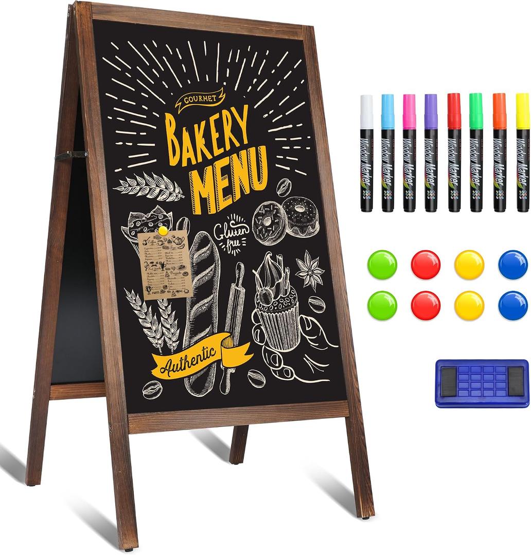 A Frame Chalkboard Sign, 40" x 20" Extra Large Wooden A-Frame Sign Board with Chalk Marker, Double-Sided Magnetic Sidewalk Chalkboard Easel Display for Restaurant, Business, Wedding