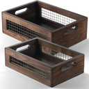 Wooden Countertop Baskets Set of 2 for Kitchen, Pantry|Wall Mount Upgrade with Full Accessories| Rustic Nesting Boxes|Wooden Organizer Crates for Vegetables, Produce, Bread (Walnut)