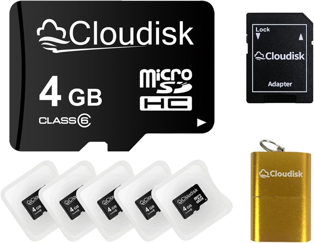 Pack of 5 Micro SD Card 4GB Flash Memory Card C6 Micro SDHC with SD Adapter, Card Reader (4 GB)