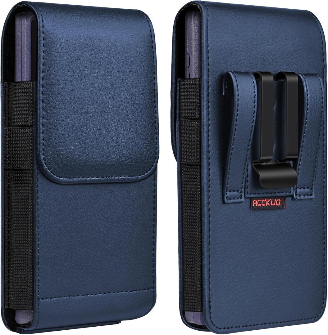 ACCKUO Leather Phone Holster with Strong Metal Belt Clip and Magnetic Closure Compatible with iPhone 16/15/14/13/12 Pro and Non-Pro, Galaxy S25 S24 S23 S22, M-Blue