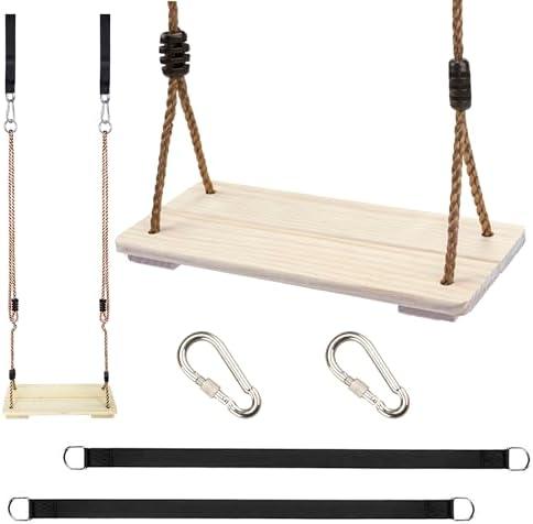 KINSPORY Wooden Swing Seat, Outdoor Swing Set Accessories for Backyard, Height Adjustable Rope with Hanging Tree Straps Kit for Porch Patio Garden Playgroud (Light Yellow)