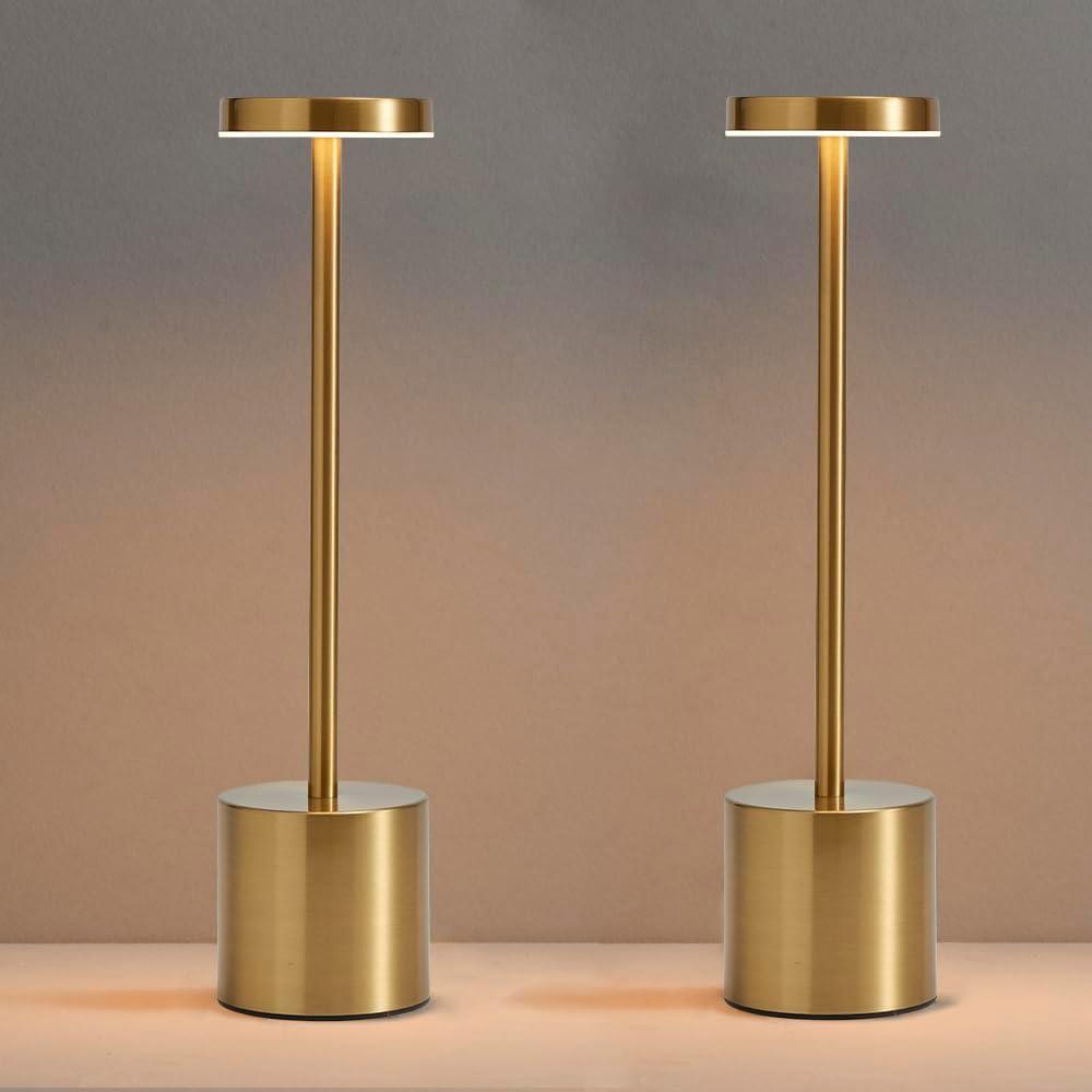 2 Pack LED Cordless Table Lamp, Portable 5000mAh Rechargeable Bedside Lamp, Touch Control Outdoor Table Lamps, 3 Color Dimmable Battery Operated Lamps for Restaurant/ Patio/ Bedroom/ Outdoor - Gold