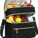 Capolo Lunch Box for Women Men Adults,Double Deck Insulated Lunch Bag Leakproof Lunch Cooler Box with Removable Strap Lunch Tote Bags Reusable Thermal Lunchbox for School Work Picnic(Large,Black)