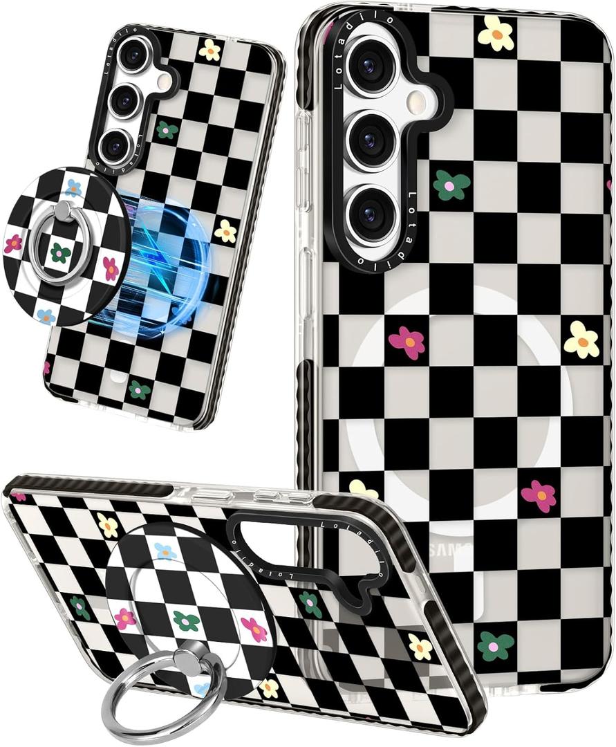 Lotadilo Cute Case for Samsung Galaxy S25 Plus for Women Girls - Funny Plaid Flower Design Compatible with Magsafe Magnetic Ring Holder Kickstand Fashion TPU Phone Covers