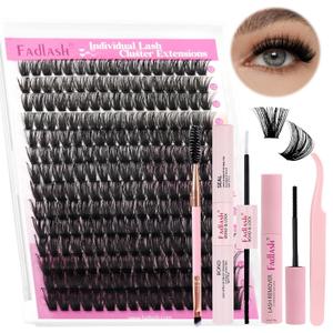 FADLASH DIY Lash Extension Kit Individual Lashes Cluster D Curl Eyelash Extension Kit D Curl Lash Clusters Lash Applicator Tool for Self Application at Home(KIT 80D-D-12-18mm)