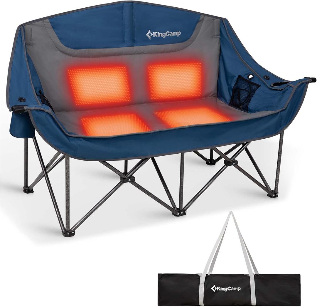 KingCamp Heated Double Camping Chair, Oversized 880lbs Heavy Duty Loveseat for Adults Portable Folding XL 2 Person Couch Padded Comfortable with 3 Heat Levels for Outdoor Sports Lawn, Blue/Grey, X-Large