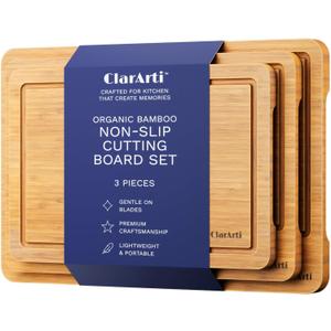 Organic Bamboo Cutting Boards for Kitchen  Set of 3 Non-Toxic Wood Cutting Board with Non-Slip Design  Durable Anti-Slip Bamboo Boards for Chopping & Serving