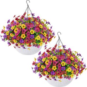 Der Rose 2 Pack Artificial Hanging Flowers Basket for Faux Plants Outdoor Spring Summer Decoration UV Resistant Fake Flowers for Patio Balcony Farmhouse Decor