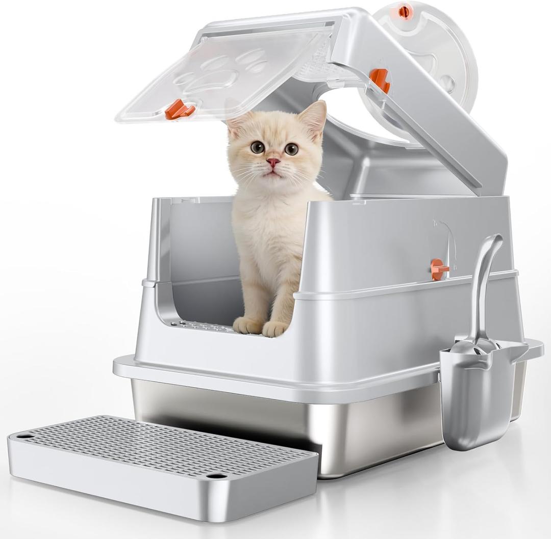 Stainless Steel Litter Box with Lid, Medium Enclosed Litter Tray with High Sided, Grey