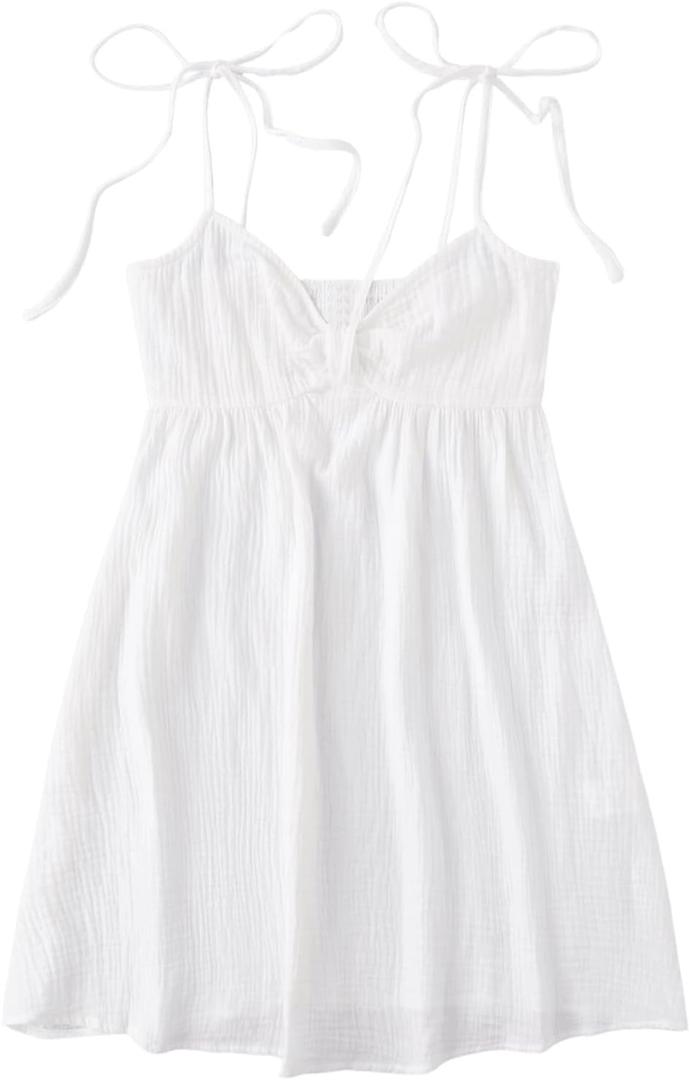 SOLY HUX Women's Tie Shoulder Y2k Cami Sun Dress Cute Spaghetti Strap Casual Summer A Line Short Mini Dresses Plain White Small (White, S)