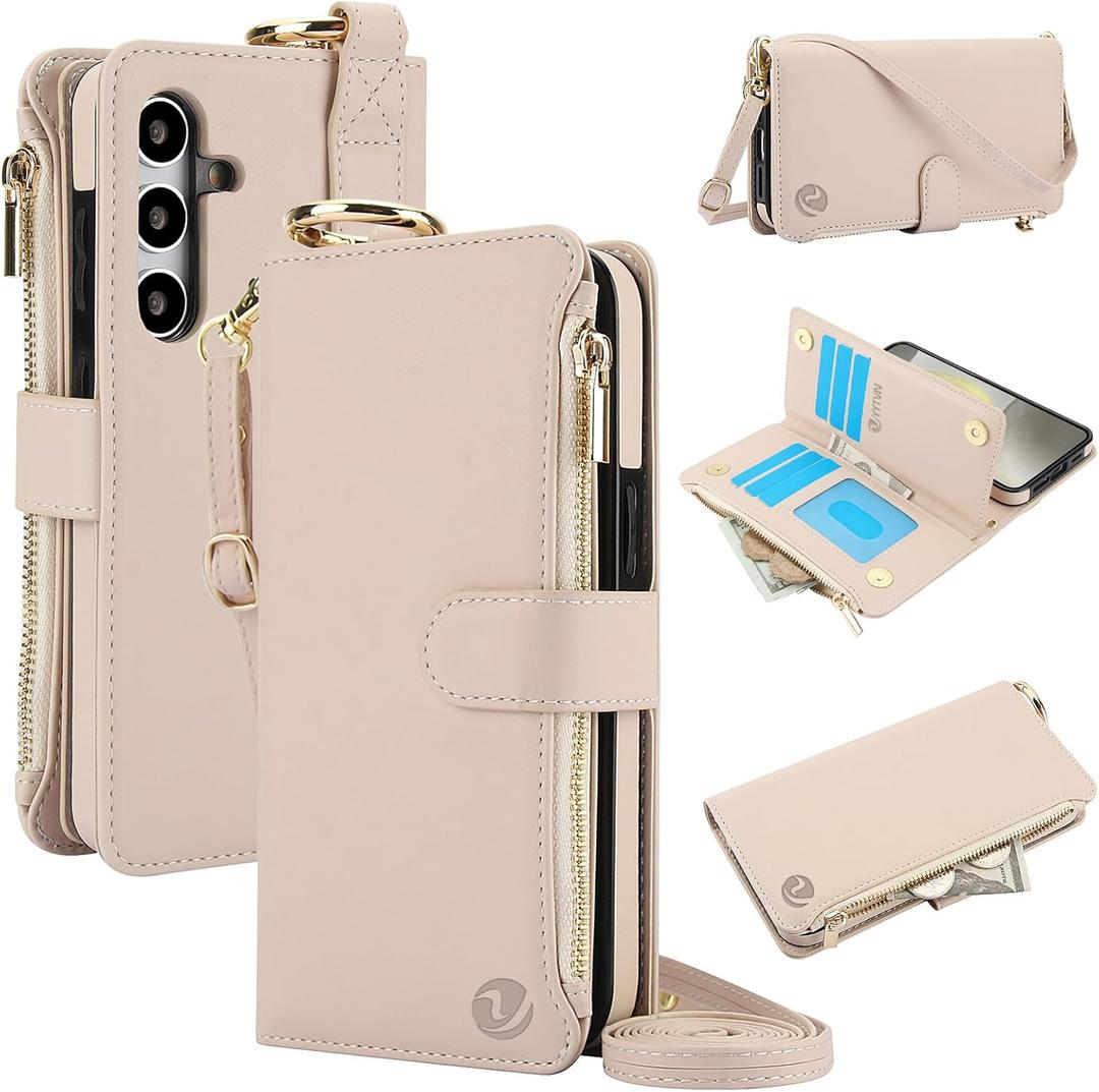 for Samsung Galaxy S24 Plus Case Wallet with RFID Blocking Card Holder and Shoulder Strap Wrist Strap, Multi-Function Stylish Ring Zipper Purse Case for Galaxy S24 Plus 6.7'', White