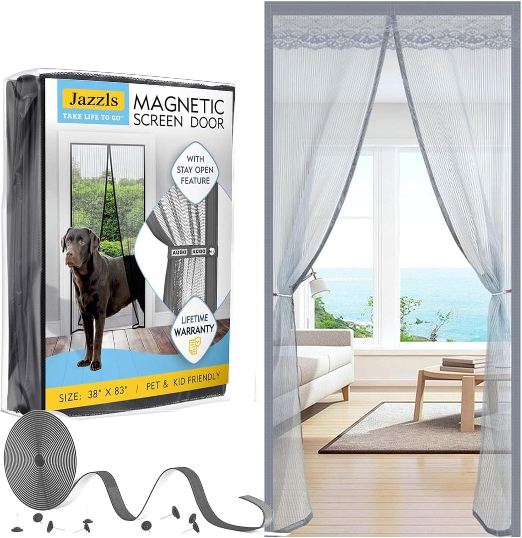 Magnetic Screen Door,Heavy Duty Mesh Curtain Fit Door Size 38 x 82 Inch,Pet and Kid Friendly Self Sealing Fly Screen Door with Stay Open Buckles,Keeps Bugs Out Let Breeze in (2pcs, White)