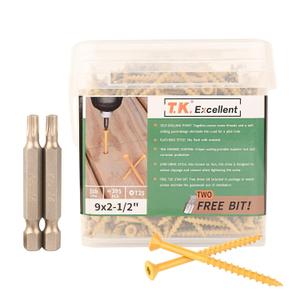 T.K.Excellent Deck Screws 2-1/2 Inch Wood Screws #9 x 2-1/2, 395 Pcs, Rust Resistant Tan Exterior Structural Screws, Torx Drive Screws, Two T25 Bits, Brilliant Yellow Ruspert Coating Rust Proof