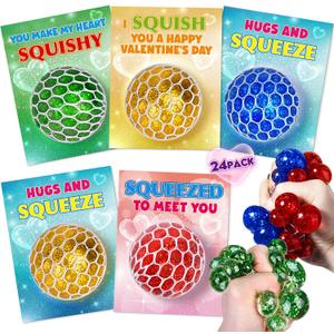24 Pack Valentine's Day Cards with Squeeze Balls, Valentines Cards for Kids School, Stretch Fidget Toy for Classroom School Valentine's Gifts Exchange, Valentines Party Favor Prizes for Boys Girls