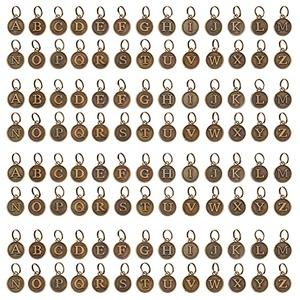 PH PandaHall 104pcs/4 Sets A~Z Alphabet Pendants, Metal Letter Charms 12mm Flat Round Letter Pendants Vintage Initial Pendant with Split Rings for Bracelet Keychain Jewlery Making, Antique Bronze
