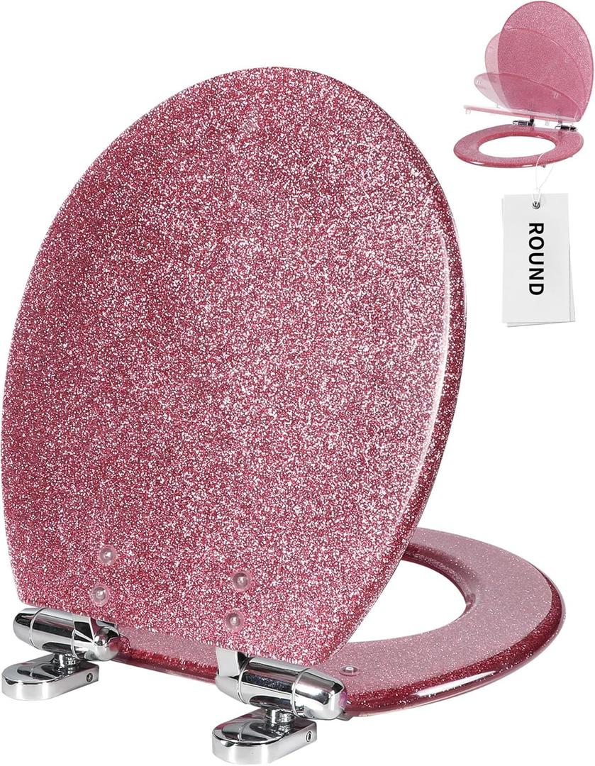 Angol Shiold Round Resin Toilet Seat Glitter Pink Soft Close Quick Release Metal Zinc Alloy Hinge Easy to Install also Easy to Clean, Decorative Acrylic Seats (17 Inch, Pink Glitter)