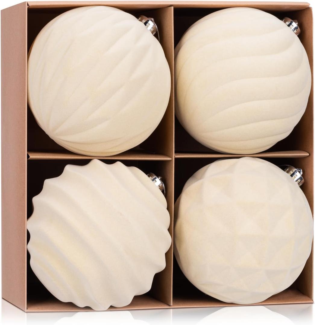 6 Inch Large Cream White Velvet Christmas Ball Ornaments Set, 4 Pcs Big Flocked Beige Shatterproof Hanging Bulbs for Xmas Tree Holiday Party Outdoor Decorations Beige