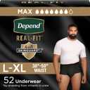 Depend Real Fit Incontinence Underwear for Men, Disposable, Maximum Absorbency, Large/Extra Large, Black, 52 Count (2 packs of 26), Packaging May Vary