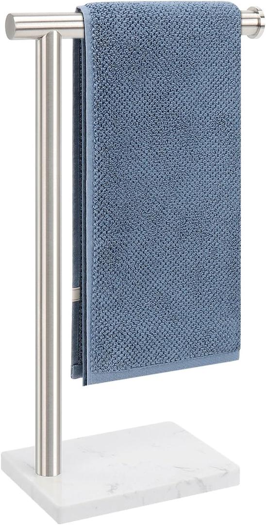 Hand Towel Holder, Hand Towel Stand for Bathroom with Marble Base, 304 Stainless Steel L Shape Hand Towel Rack Bar Standing for Vanity Kitchen Countertop, Brushed Nickel