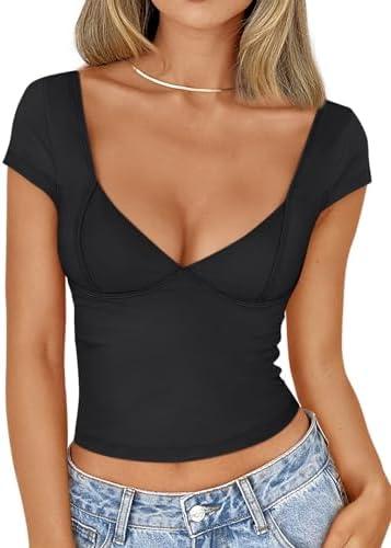 Trendy Queen Womens Summer V-Neck Backless Cute Tops Short Sleeve Sexy Slim Fit T-Shirts Y2K Clothes Corset Cami 2025, S