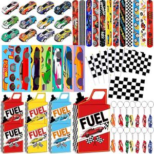 72Pcs Race Car Party Favors Racing Car Birthday Party Supplies Race Car Fuel Can Treat Boxes Key Chains Slap Bracelets Black White Checkered Flag DIY Sticker for Birthday Decorations