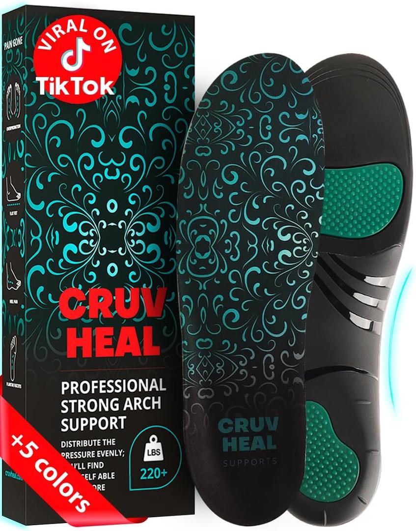 CRUVHEAL 220+ lbs Plantar Fasciitis High Arch Support Insoles Men Women - Orthotic Shoe Inserts - Boot Work Shoe Insole (Emerald, M) (M(Men 9-10.5/Women 10-11.5))