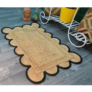 Scalloped Jute Area Rug 2x3 FT  Handwoven Natural Fiber Rug with Black Border | Eco-Friendly, Durable & Stylish Doormat | Farmhouse Boho Dcor for Living Room, Bedroom, Entryway (Black, 2'x3')