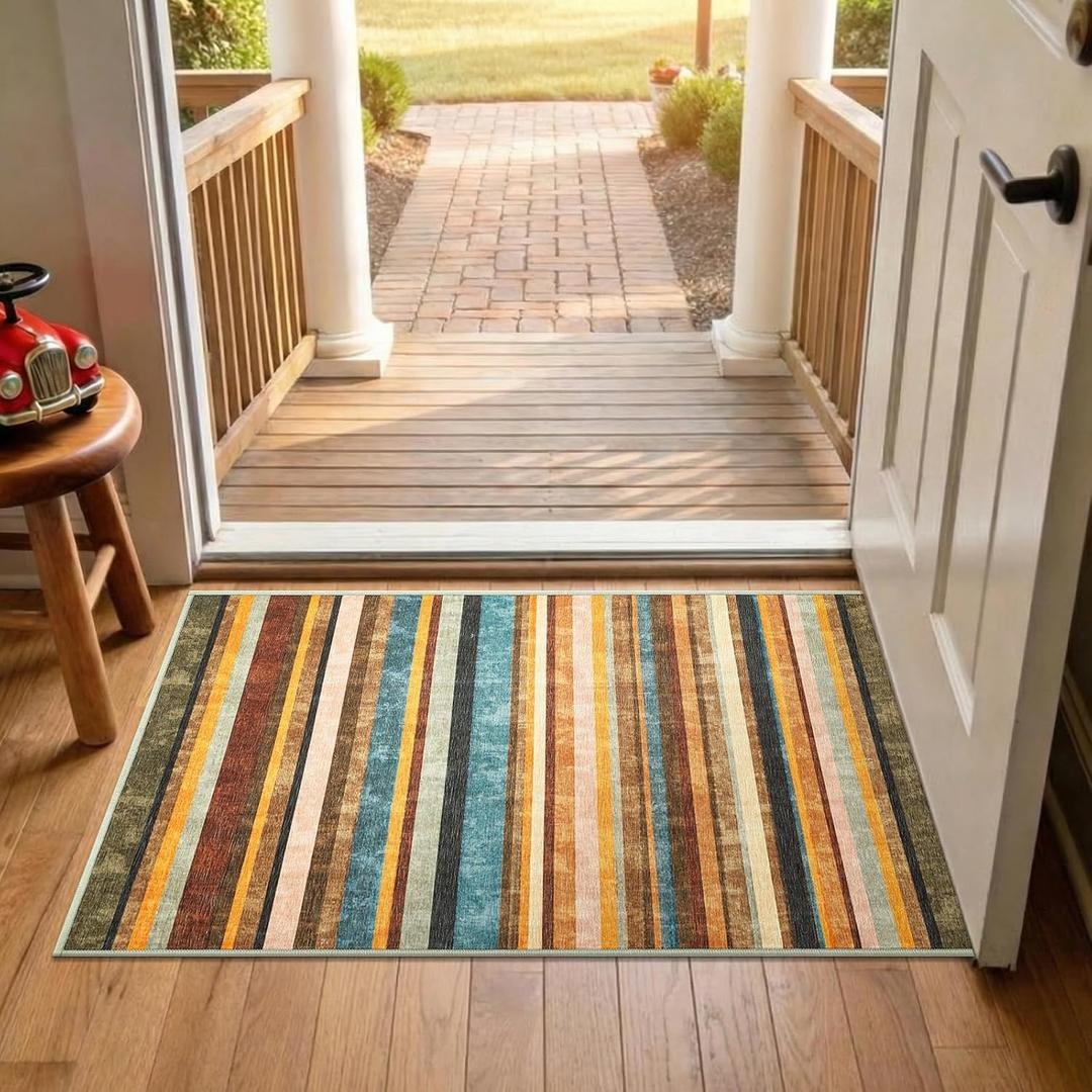 jinchan 2x3 Striped Rug for Entryway Washable Kitchen Rug Small Mat Non Slip Indoor Doormat Lightweight Low-Profile Decor Throw Carpet for Entrance Bathroom Laundry Room, Pine Dawn
