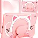 for iPad 9th/8th/7th Generation Case 10.2 Inch Cute Girls Kawaii Cover Girly 3D Cat Cartoon Women with Rotating Handle Stand & Strap Soft Silicone Funda for Apple iPad Cases 9th/8th/7th Gen