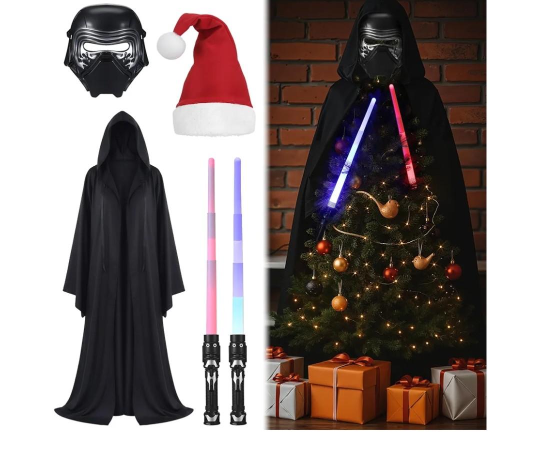 5 Pcs Christmas Tree Decorations Set Include 1 Helmet Mask 1 Black Cape 1 Santa Hat 2 Glow Sabers Christmas Tree Topper Ornament Decorations Xmas Trees Ornament for Party Decor Indoor