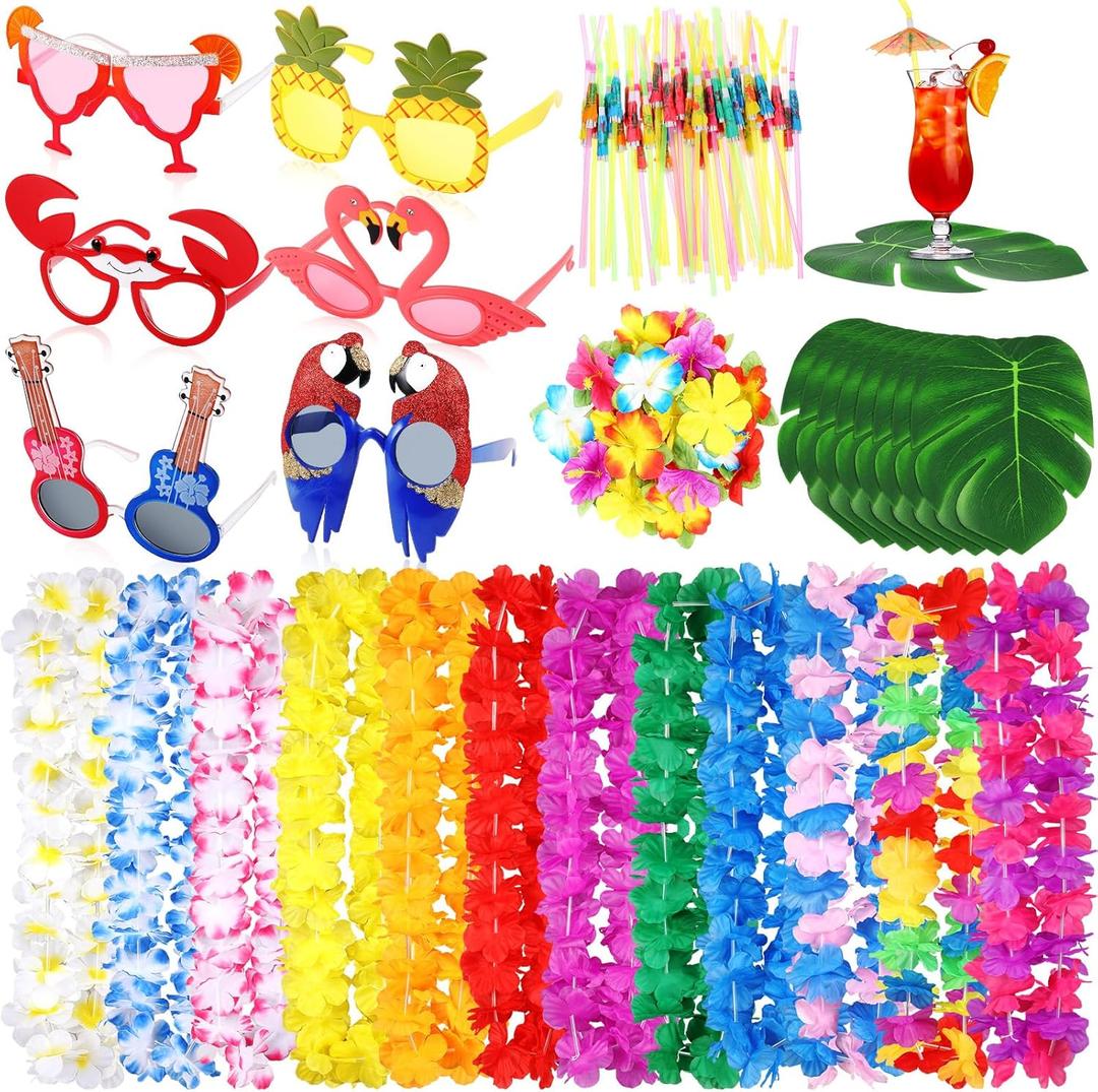 116 Pcs Pool Beach Party Favors Summer Luau Party Decorations Hawaiian Leis Novelty Sunglasses with Palm Leaves Hibiscus Flower for Summer Beach Birthday Supplies