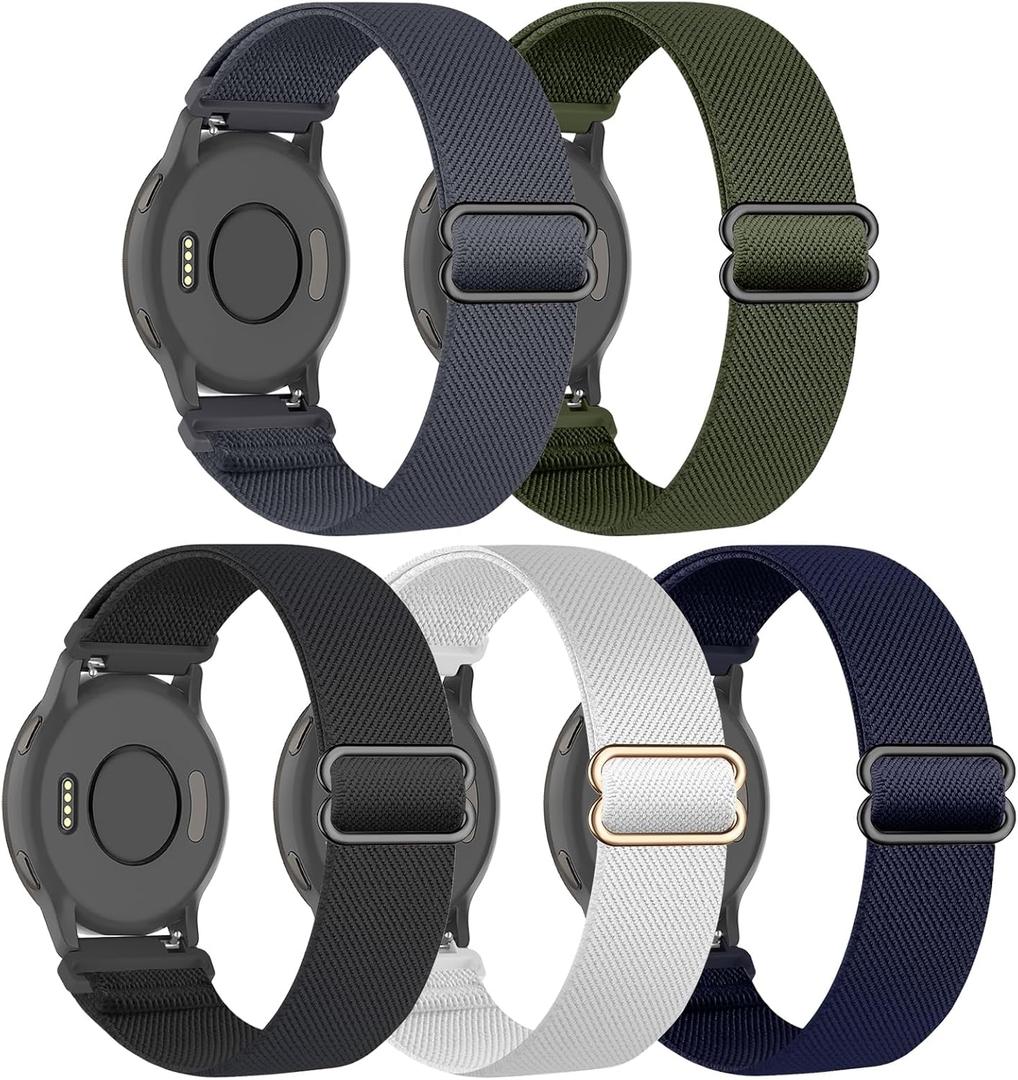 5 Pack 22mm Stretchy Nylon Watch Bands Compatible with Garmin Venu 3/2,Forerunner 265/255/Vivoactive 4,Soft Fabric Adjustable Sports Replacement Strap for Amazfit Bip 5/6/GTR 4/3/2 Women Men (black/white/blue grey/deep blue/army green)