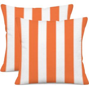 Striped Linen Throw Pillow Covers 16x16 Inch (Set of 2), Orange and White Decorative Pillowcases for Sofa, Couch, Bed, and Outdoor Patio