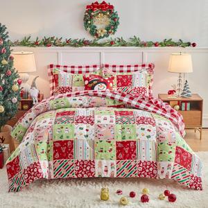 Joyreap 7 Piece Bed in a Bag Queen, Christmas Patchwork Colorful Grid Xmas Design Comforter Sheet Set, All Season Microfiber Holiday Theme Bedding Comforter Set